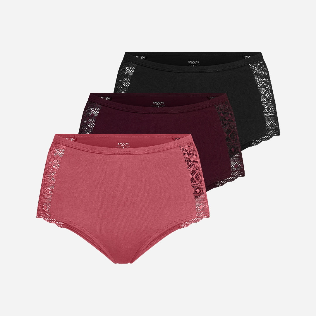 High Waist Hipster Panties mit Spitze - Unterhosen - Mix (Mauve/Weinrot/Schwarz)