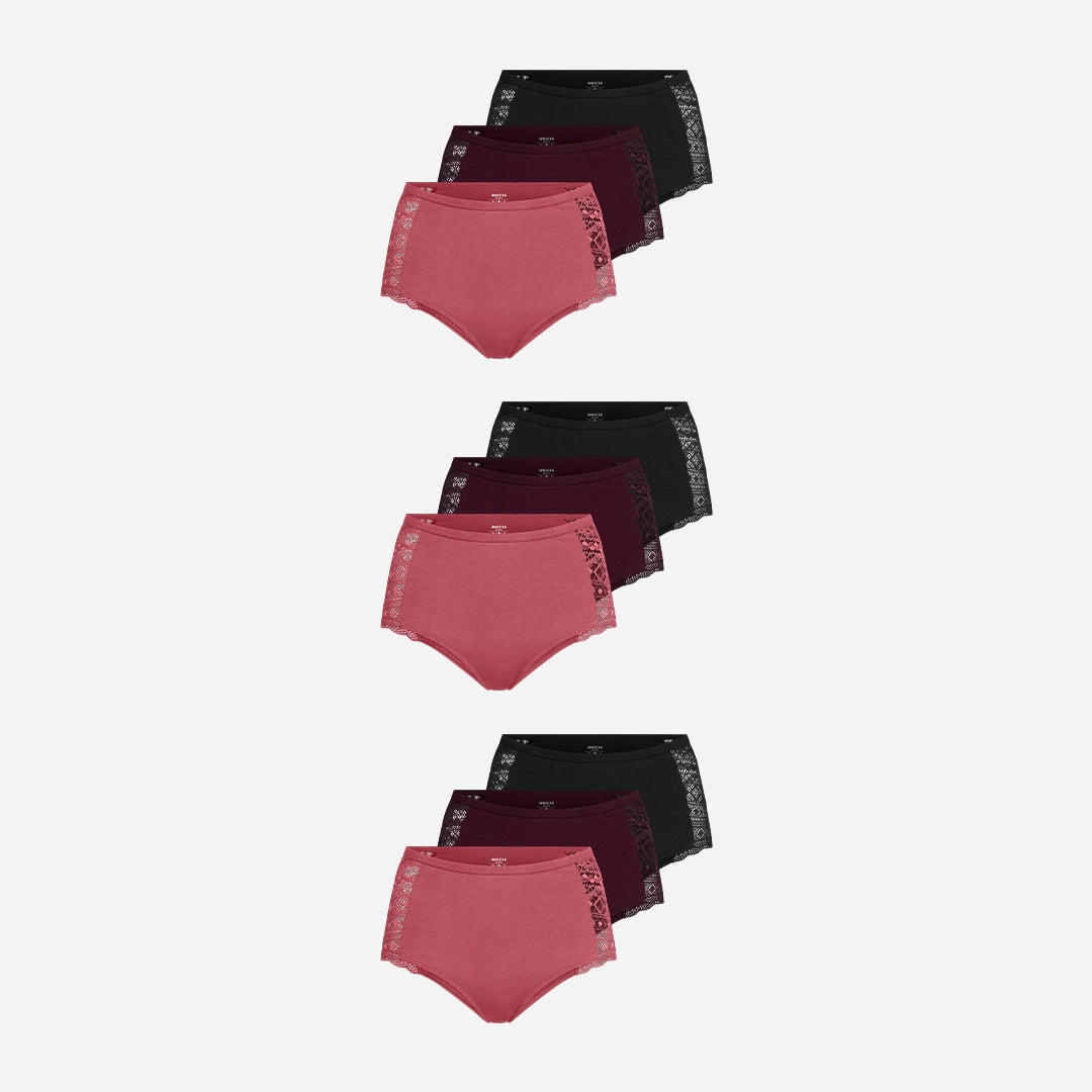 {"alt": "High Waist Hipster Panties mit Spitze - Unterhosen - Mix (Mauve/Weinrot/Schwarz)", "quantity":"3"}
