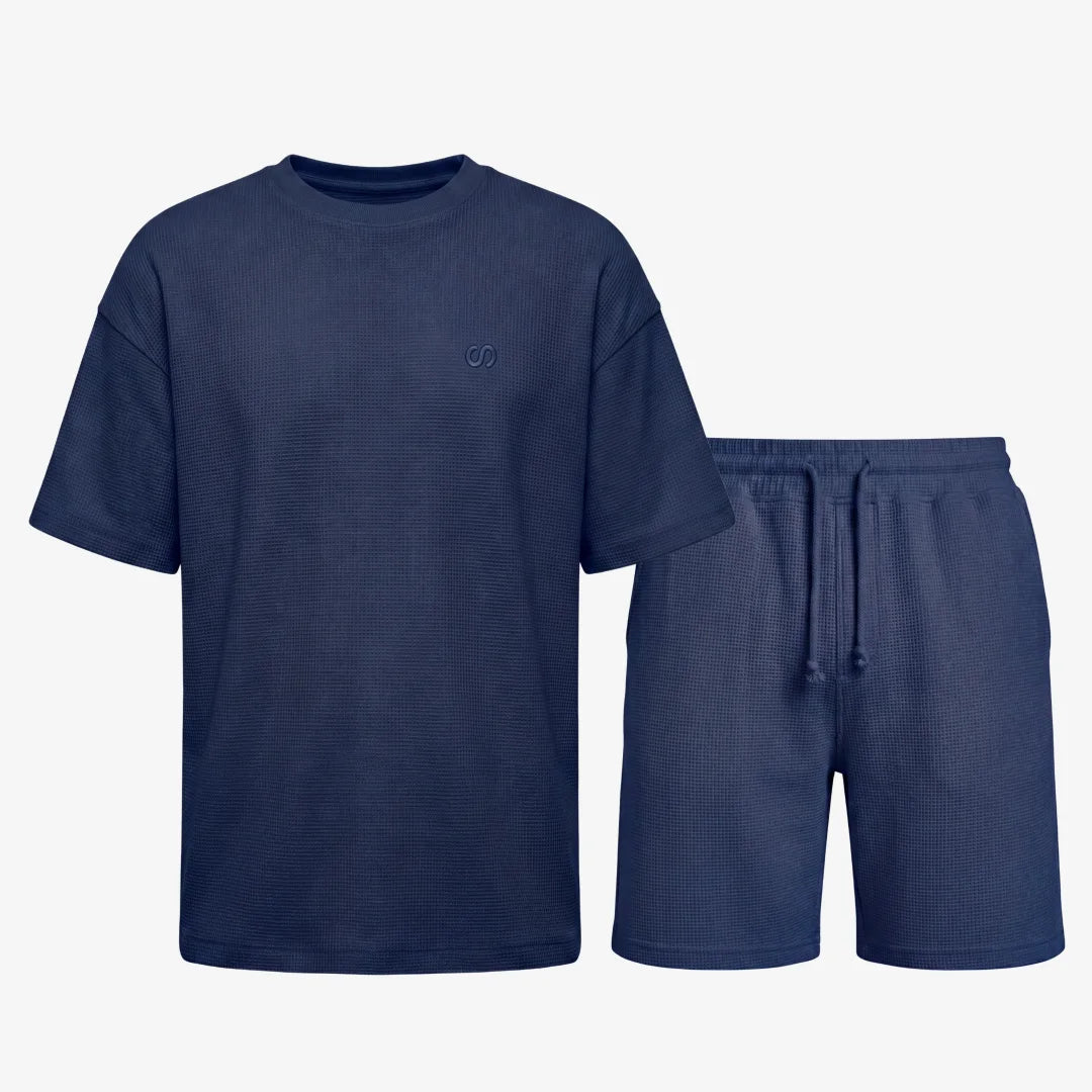 Schlafanzug Set Waffle Herren kurz - Kleidung - Dunkelblau