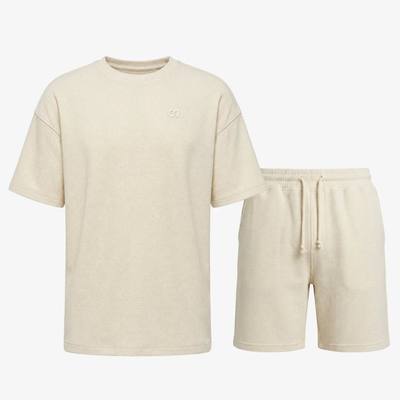Schlafanzug Set Waffle Herren kurz - Kleidung - Beige