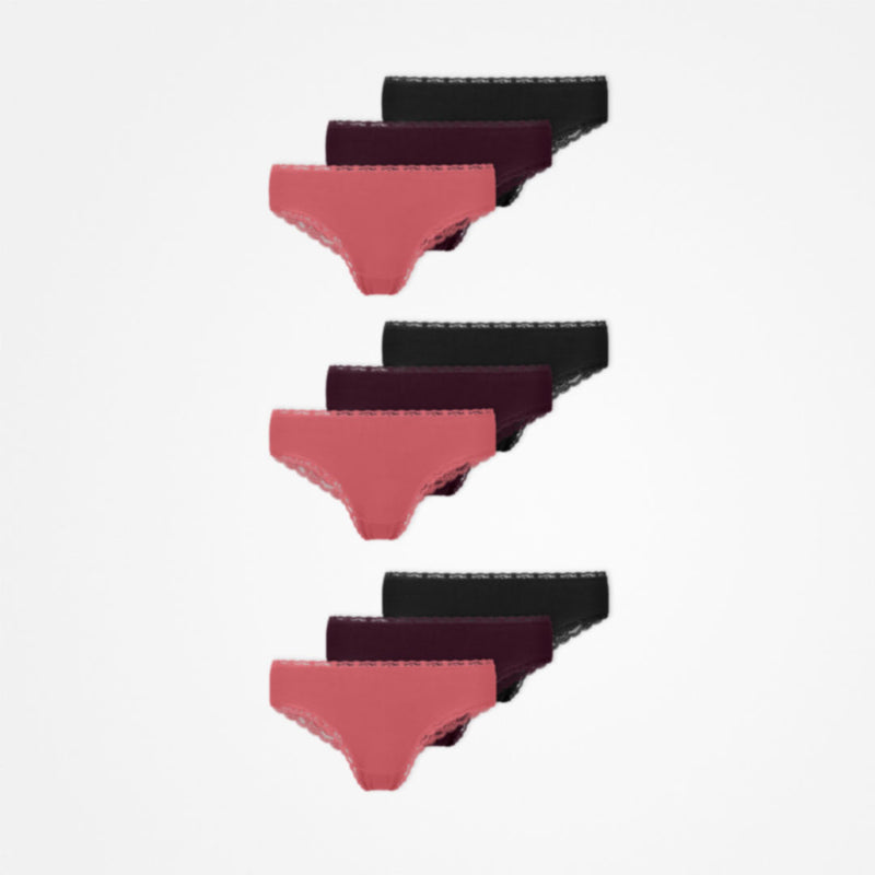 {"alt": "Slip brasiliani con pizzo - Mutandine - Mix (Malva/Bordeaux/Nero)", "quantity":"3"}