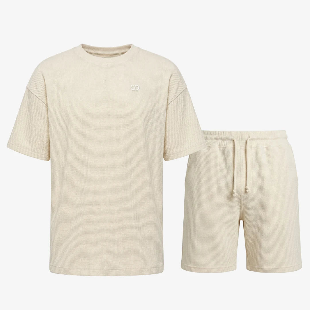 Schlafanzug Set Waffle Herren kurz - Kleidung - Beige